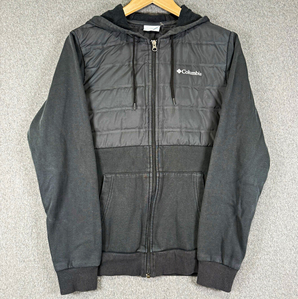 Columbia Hoodie Large Black Hybrid Down Quilted Full Zip Hooded Jacket Pockets
